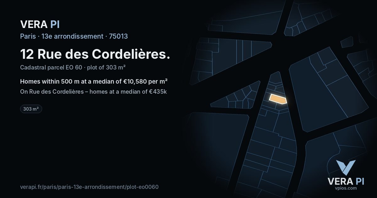 12 Rue des Cordelières, 13e arrondissement at night – the plot lit, the parcels around coloured by the prices near them