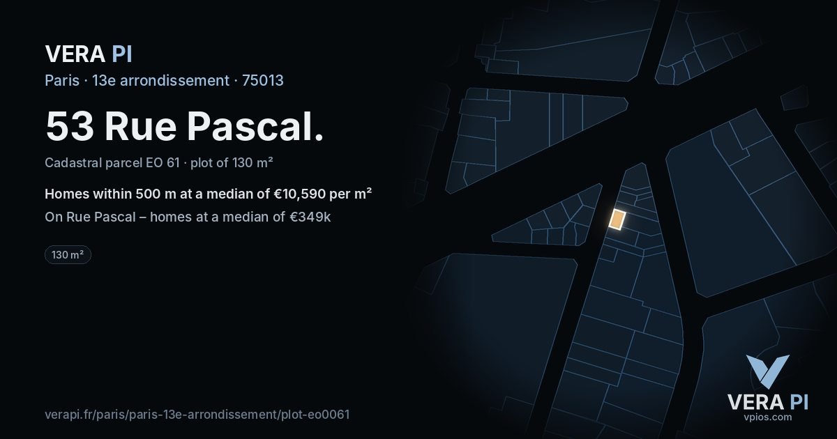 53 Rue Pascal, 13e arrondissement at night – the plot lit, the parcels around coloured by the prices near them