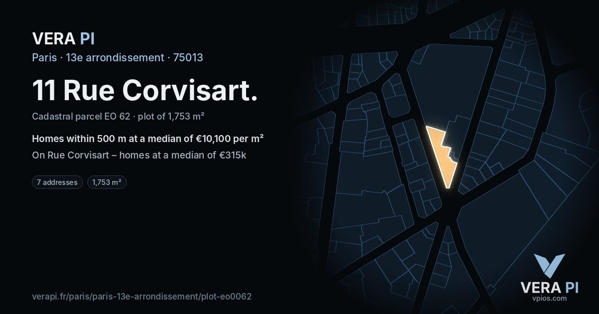 11 Rue Corvisart, 13e arrondissement at night – the plot lit, the parcels around coloured by the prices near them
