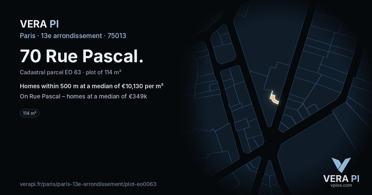 70 Rue Pascal, 13e arrondissement at night – the plot lit, the parcels around coloured by the prices near them
