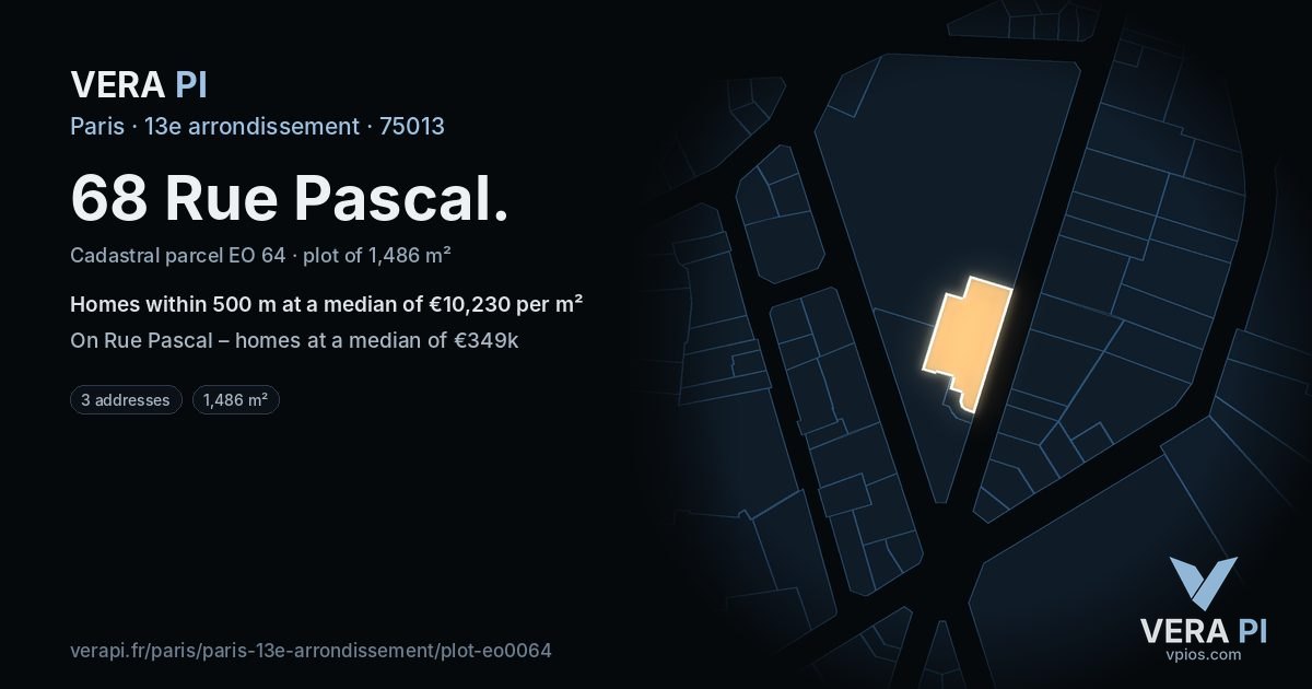 68 Rue Pascal, 13e arrondissement at night – the plot lit, the parcels around coloured by the prices near them