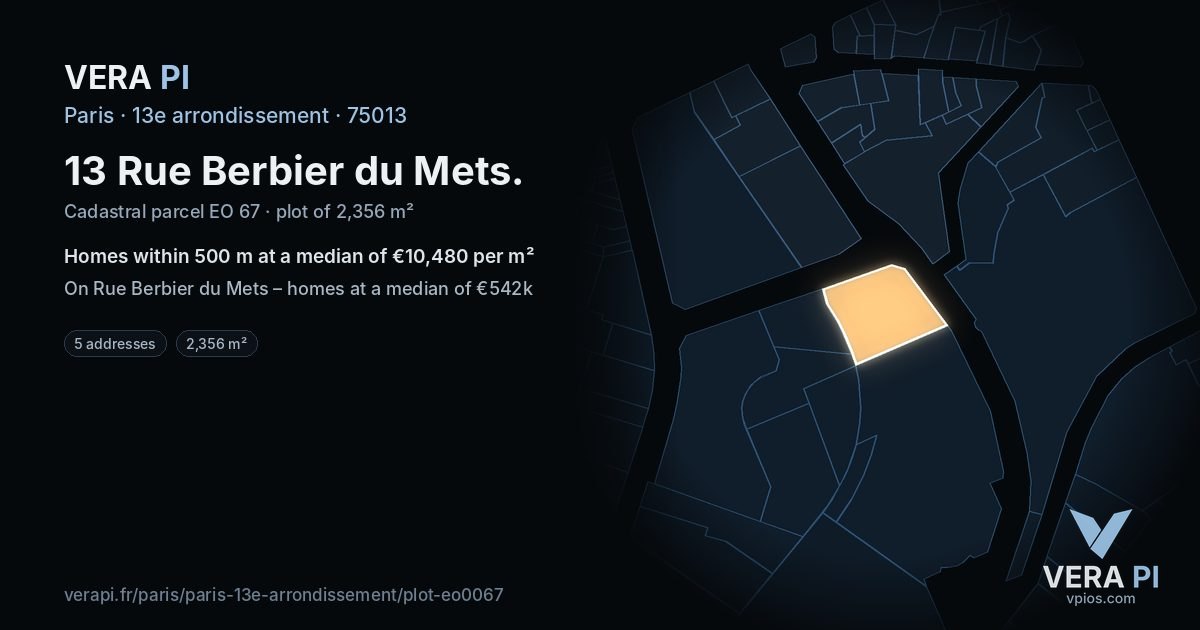 13 Rue Berbier du Mets, 13e arrondissement at night – the plot lit, the parcels around coloured by the prices near them