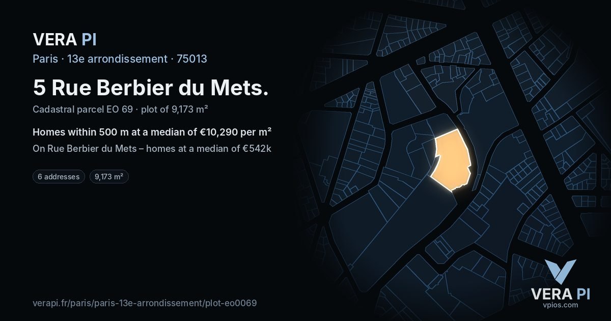 5 Rue Berbier du Mets, 13e arrondissement at night – the plot lit, the parcels around coloured by the prices near them