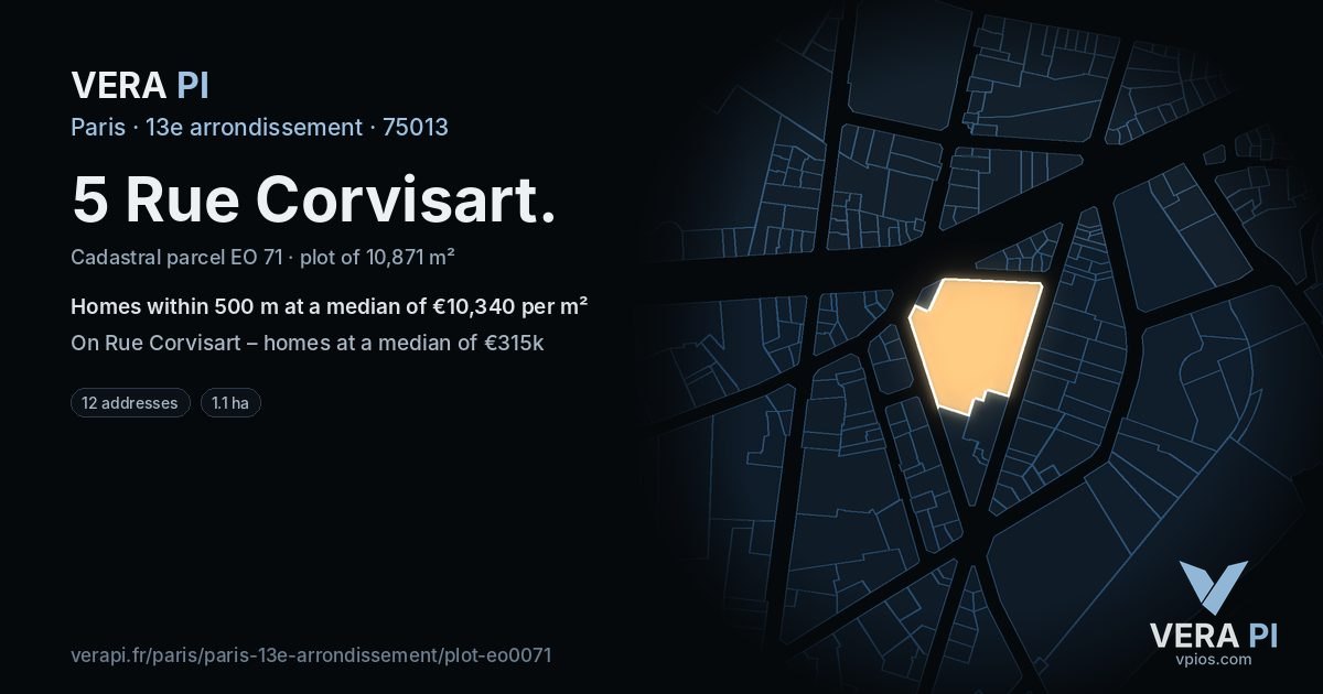 5 Rue Corvisart, 13e arrondissement at night – the plot lit, the parcels around coloured by the prices near them