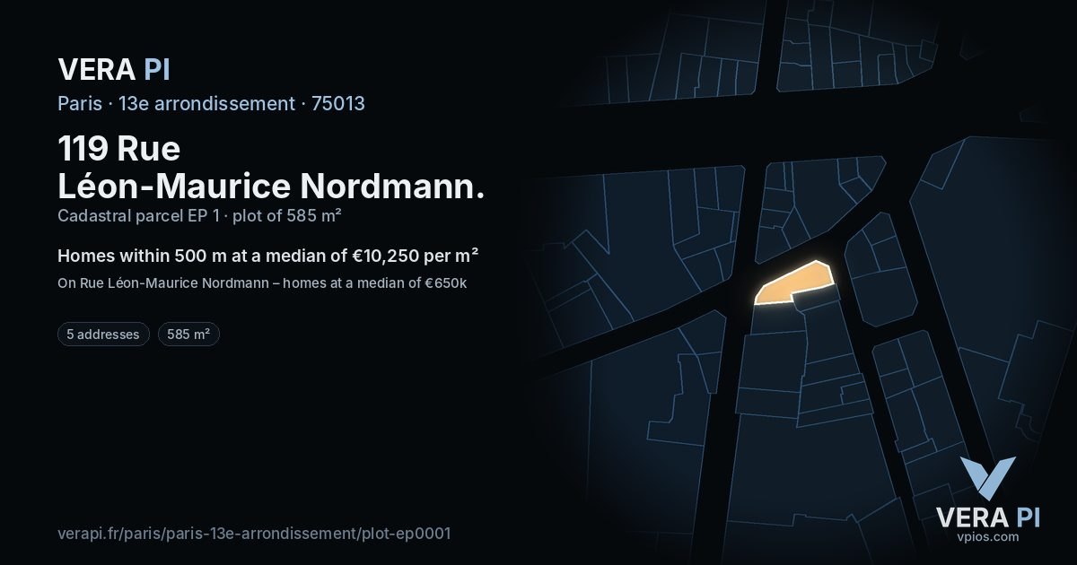 119 Rue Léon-Maurice Nordmann, 13e arrondissement at night – the plot lit, the parcels around coloured by the prices near them
