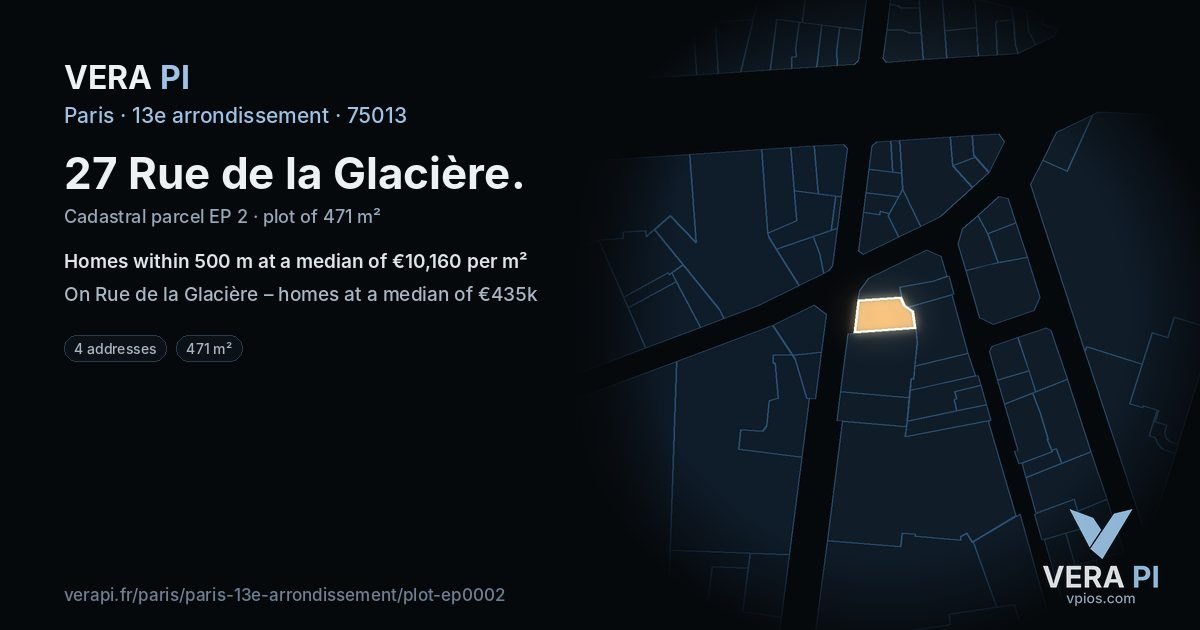27 Rue de la Glacière, 13e arrondissement at night – the plot lit, the parcels around coloured by the prices near them