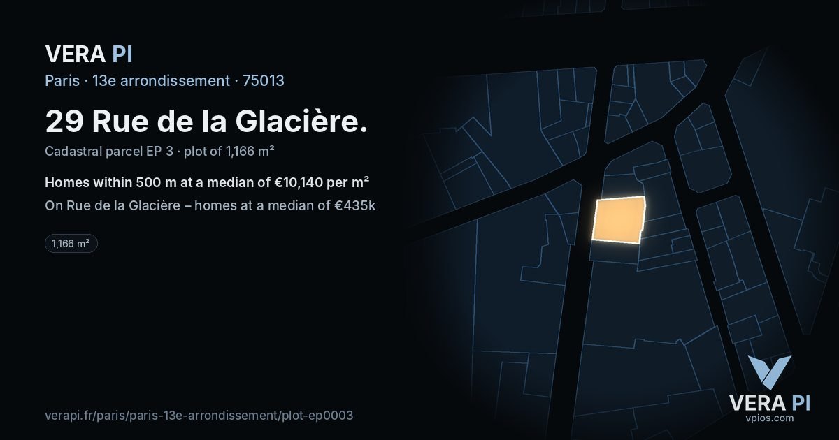 29 Rue de la Glacière, 13e arrondissement at night – the plot lit, the parcels around coloured by the prices near them