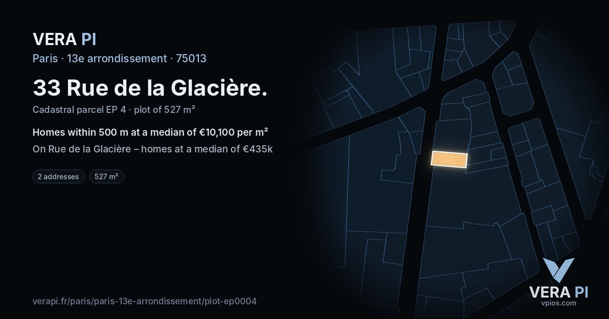 33 Rue de la Glacière, 13e arrondissement at night – the plot lit, the parcels around coloured by the prices near them