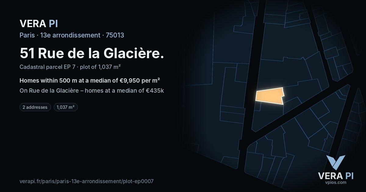 51 Rue de la Glacière, 13e arrondissement at night – the plot lit, the parcels around coloured by the prices near them