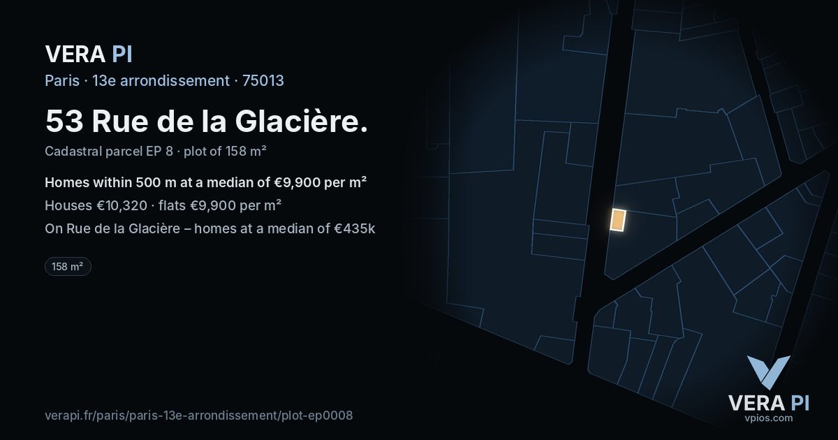 53 Rue de la Glacière, 13e arrondissement at night – the plot lit, the parcels around coloured by the prices near them