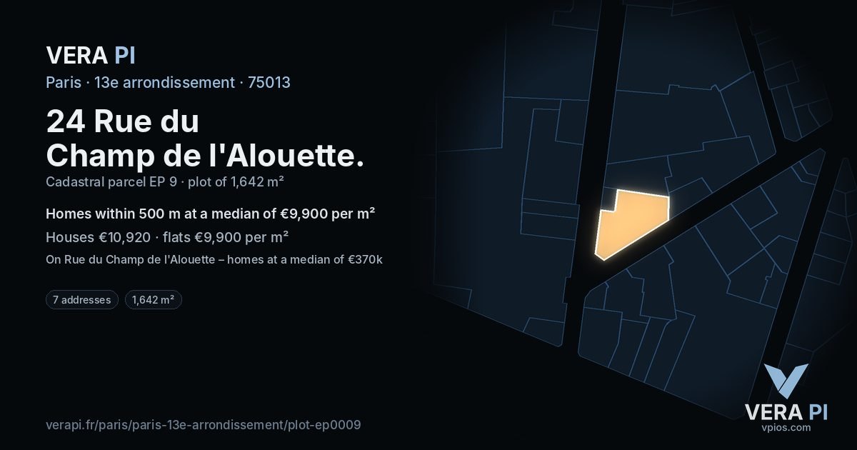 24 Rue du Champ de l'Alouette, 13e arrondissement at night – the plot lit, the parcels around coloured by the prices near them