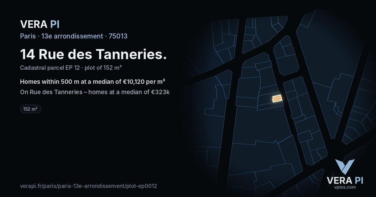 14 Rue des Tanneries, 13e arrondissement at night – the plot lit, the parcels around coloured by the prices near them