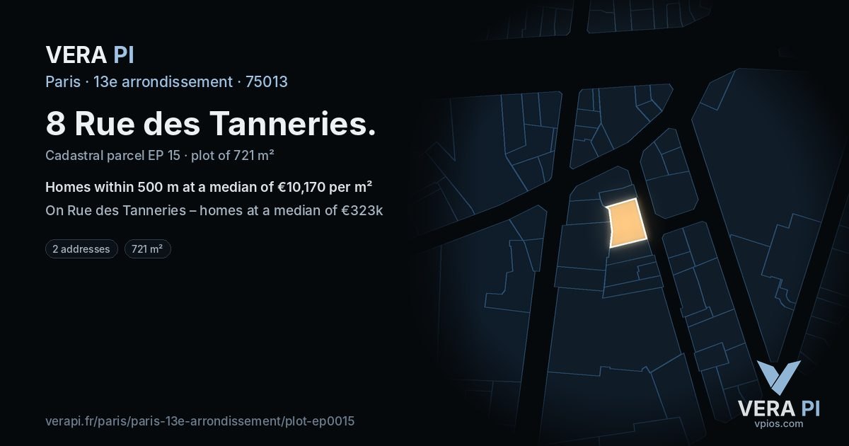 8 Rue des Tanneries, 13e arrondissement at night – the plot lit, the parcels around coloured by the prices near them