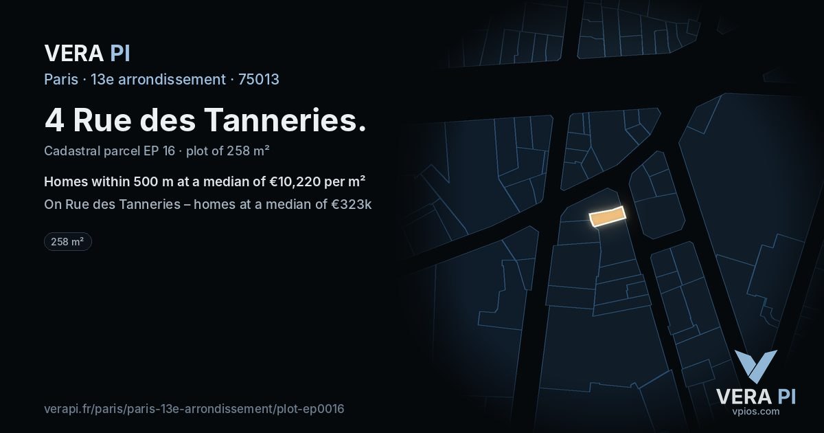 4 Rue des Tanneries, 13e arrondissement at night – the plot lit, the parcels around coloured by the prices near them