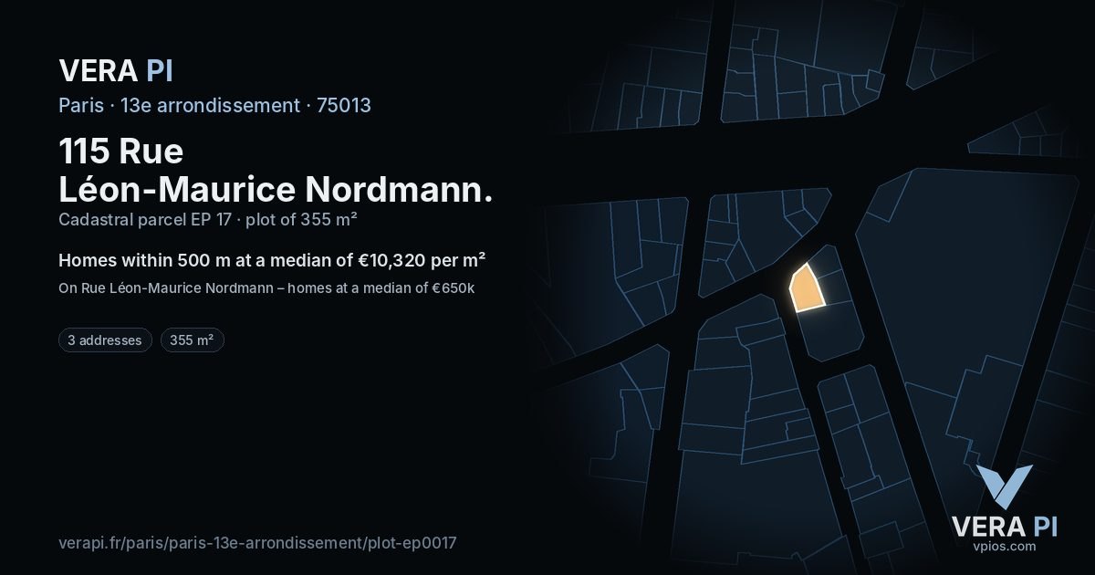 115 Rue Léon-Maurice Nordmann, 13e arrondissement at night – the plot lit, the parcels around coloured by the prices near them