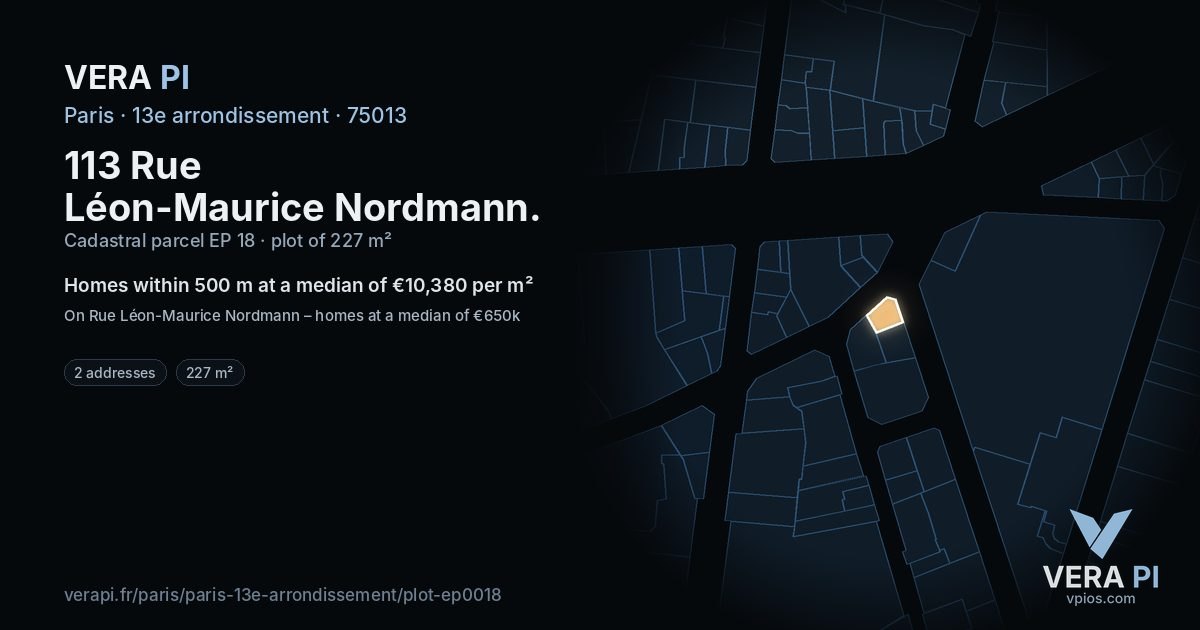 113 Rue Léon-Maurice Nordmann, 13e arrondissement at night – the plot lit, the parcels around coloured by the prices near them