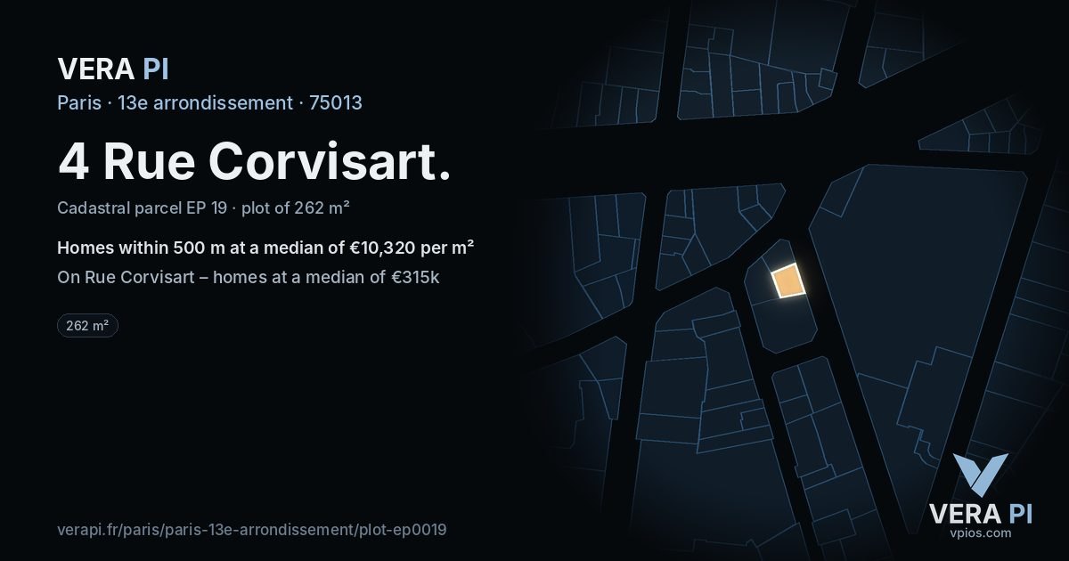4 Rue Corvisart, 13e arrondissement at night – the plot lit, the parcels around coloured by the prices near them