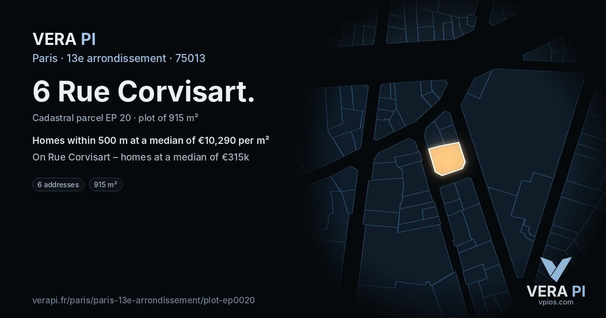 6 Rue Corvisart, 13e arrondissement at night – the plot lit, the parcels around coloured by the prices near them