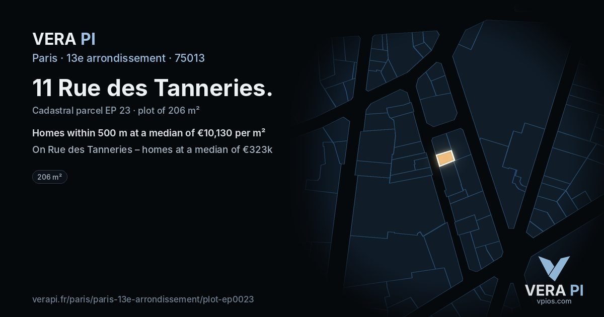 11 Rue des Tanneries, 13e arrondissement at night – the plot lit, the parcels around coloured by the prices near them