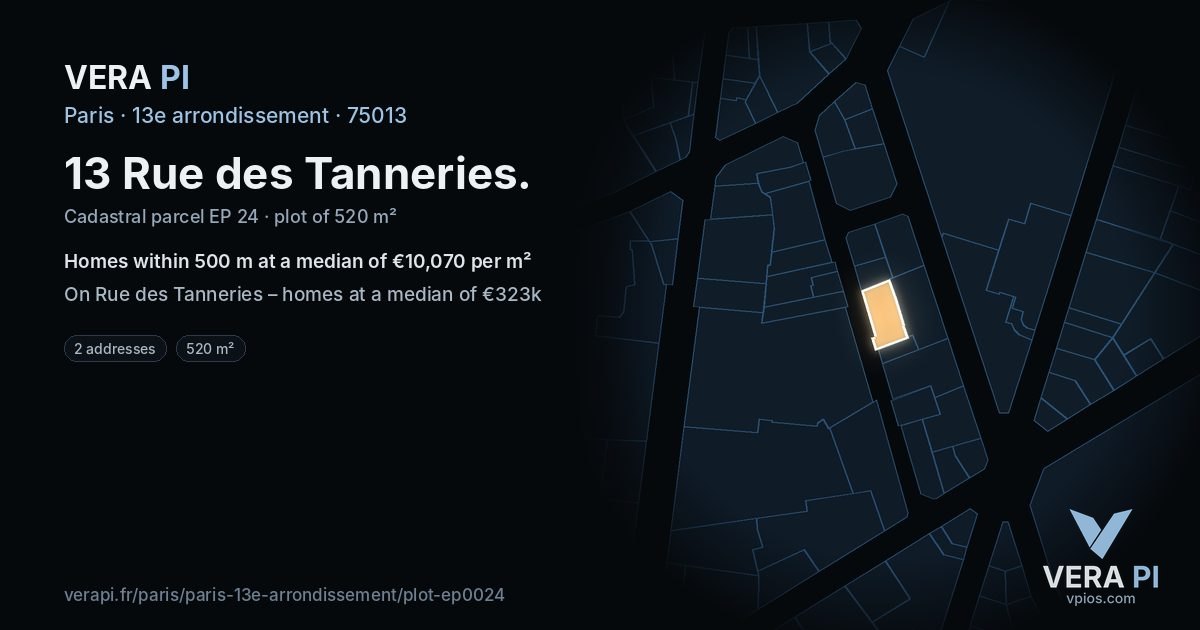 13 Rue des Tanneries, 13e arrondissement at night – the plot lit, the parcels around coloured by the prices near them