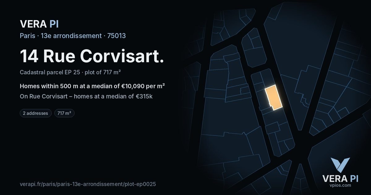 14 Rue Corvisart, 13e arrondissement at night – the plot lit, the parcels around coloured by the prices near them