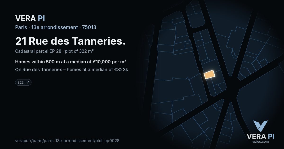 21 Rue des Tanneries, 13e arrondissement at night – the plot lit, the parcels around coloured by the prices near them