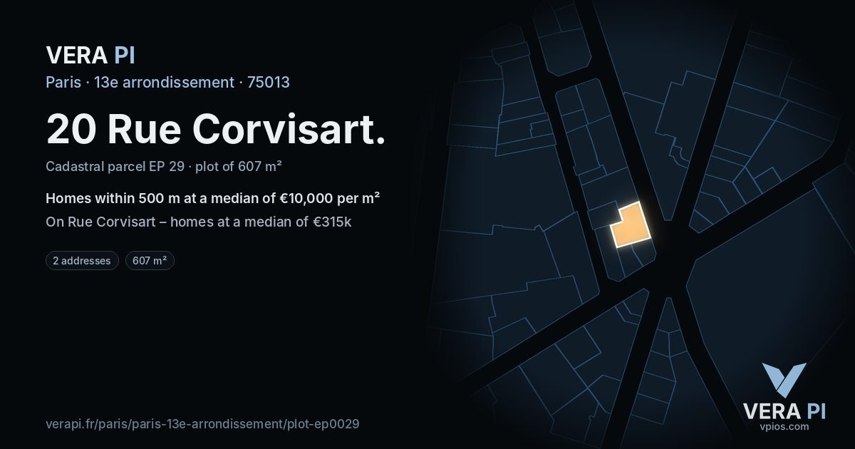 20 Rue Corvisart, 13e arrondissement at night – the plot lit, the parcels around coloured by the prices near them