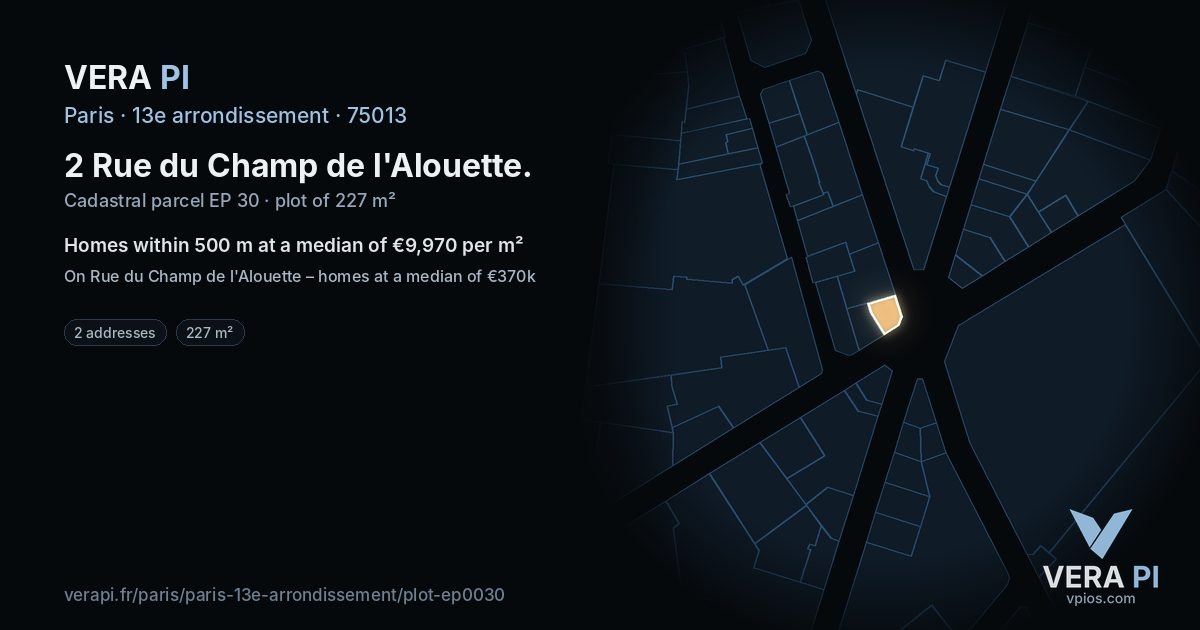 2 Rue du Champ de l'Alouette, 13e arrondissement at night – the plot lit, the parcels around coloured by the prices near them