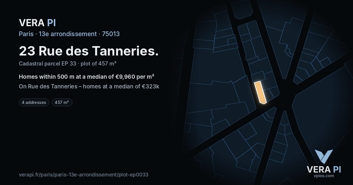 23 Rue des Tanneries, 13e arrondissement at night – the plot lit, the parcels around coloured by the prices near them