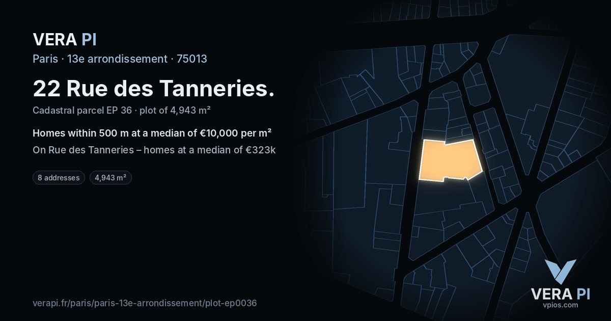 22 Rue des Tanneries, 13e arrondissement at night – the plot lit, the parcels around coloured by the prices near them