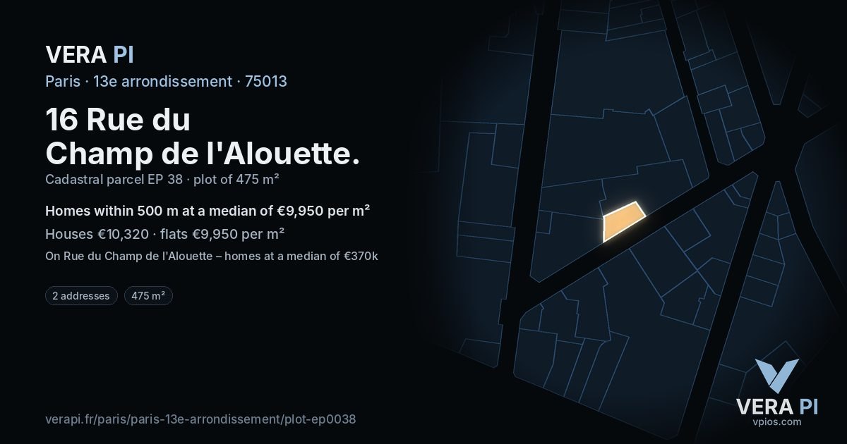 16 Rue du Champ de l'Alouette, 13e arrondissement at night – the plot lit, the parcels around coloured by the prices near them