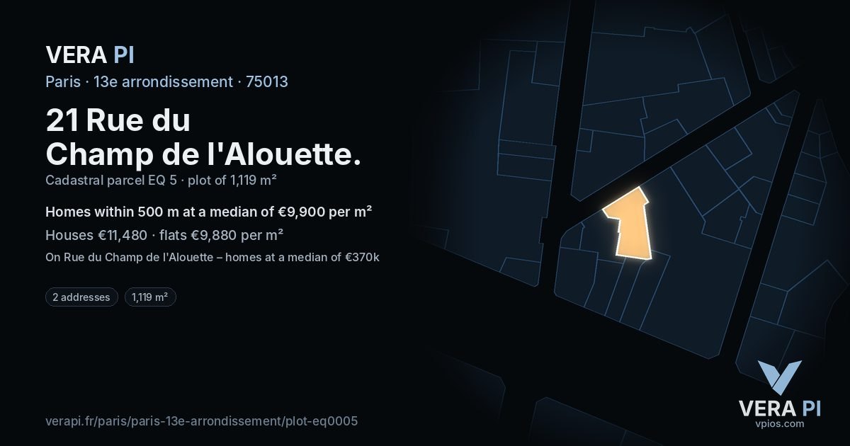 21 Rue du Champ de l'Alouette, 13e arrondissement at night – the plot lit, the parcels around coloured by the prices near them