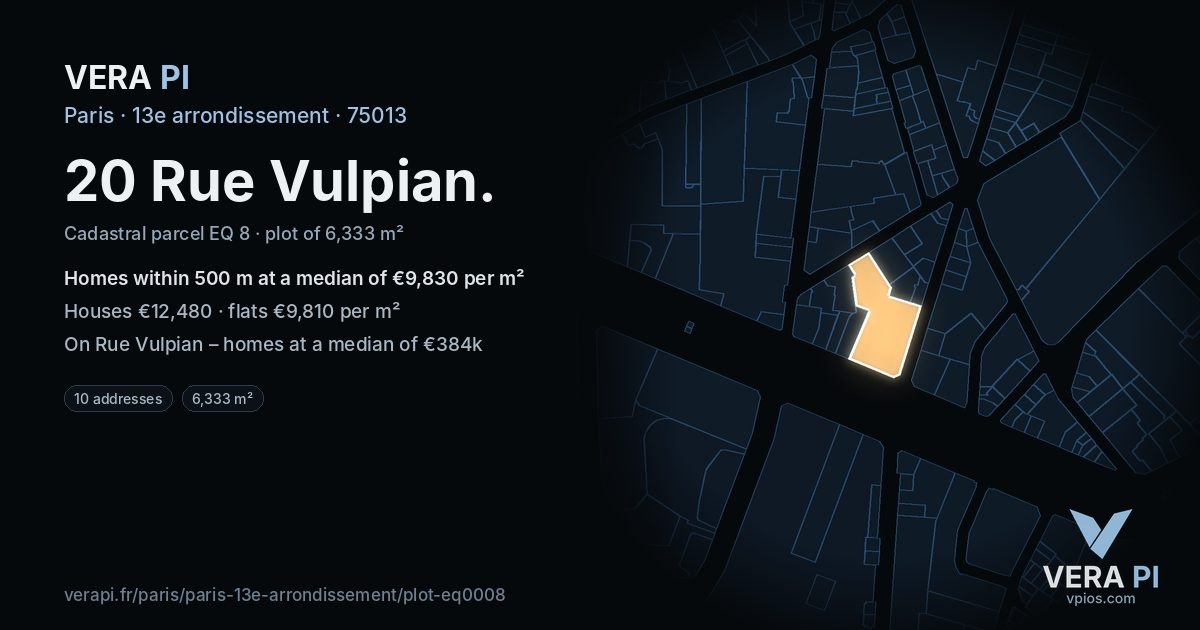 20 Rue Vulpian, 13e arrondissement at night – the plot lit, the parcels around coloured by the prices near them