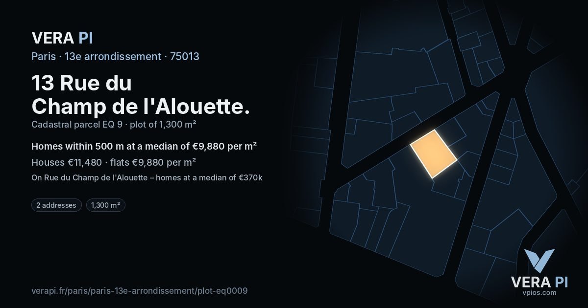 13 Rue du Champ de l'Alouette, 13e arrondissement at night – the plot lit, the parcels around coloured by the prices near them
