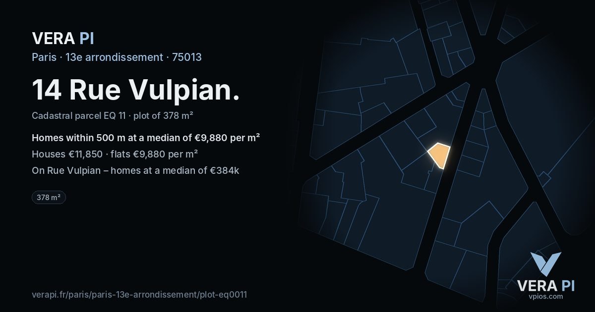 14 Rue Vulpian, 13e arrondissement at night – the plot lit, the parcels around coloured by the prices near them
