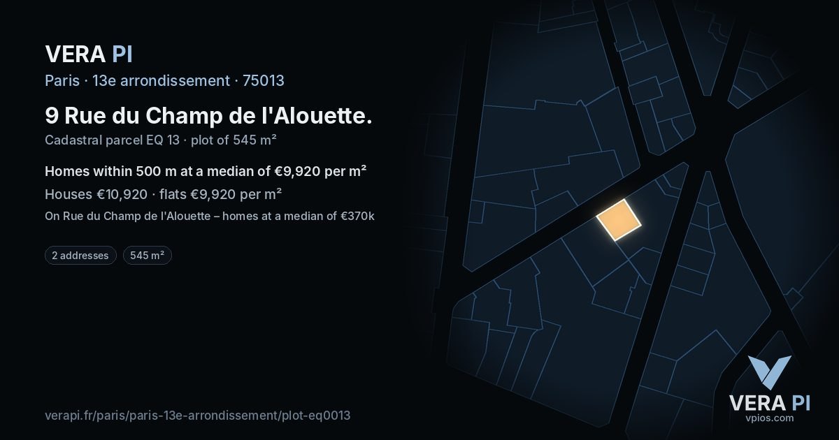 9 Rue du Champ de l'Alouette, 13e arrondissement at night – the plot lit, the parcels around coloured by the prices near them