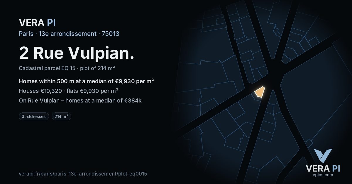 2 Rue Vulpian, 13e arrondissement at night – the plot lit, the parcels around coloured by the prices near them