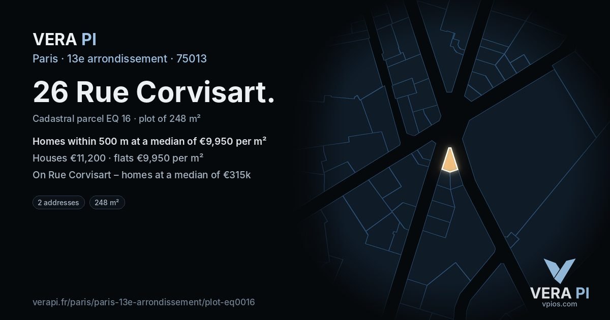 26 Rue Corvisart, 13e arrondissement at night – the plot lit, the parcels around coloured by the prices near them