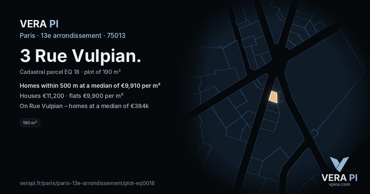 3 Rue Vulpian, 13e arrondissement at night – the plot lit, the parcels around coloured by the prices near them