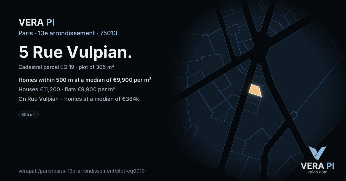 5 Rue Vulpian, 13e arrondissement at night – the plot lit, the parcels around coloured by the prices near them