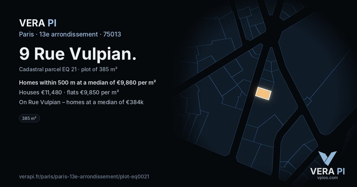 9 Rue Vulpian, 13e arrondissement at night – the plot lit, the parcels around coloured by the prices near them