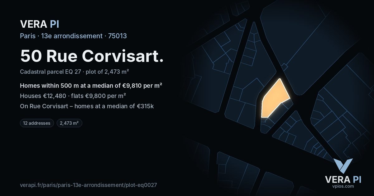 50 Rue Corvisart, 13e arrondissement at night – the plot lit, the parcels around coloured by the prices near them