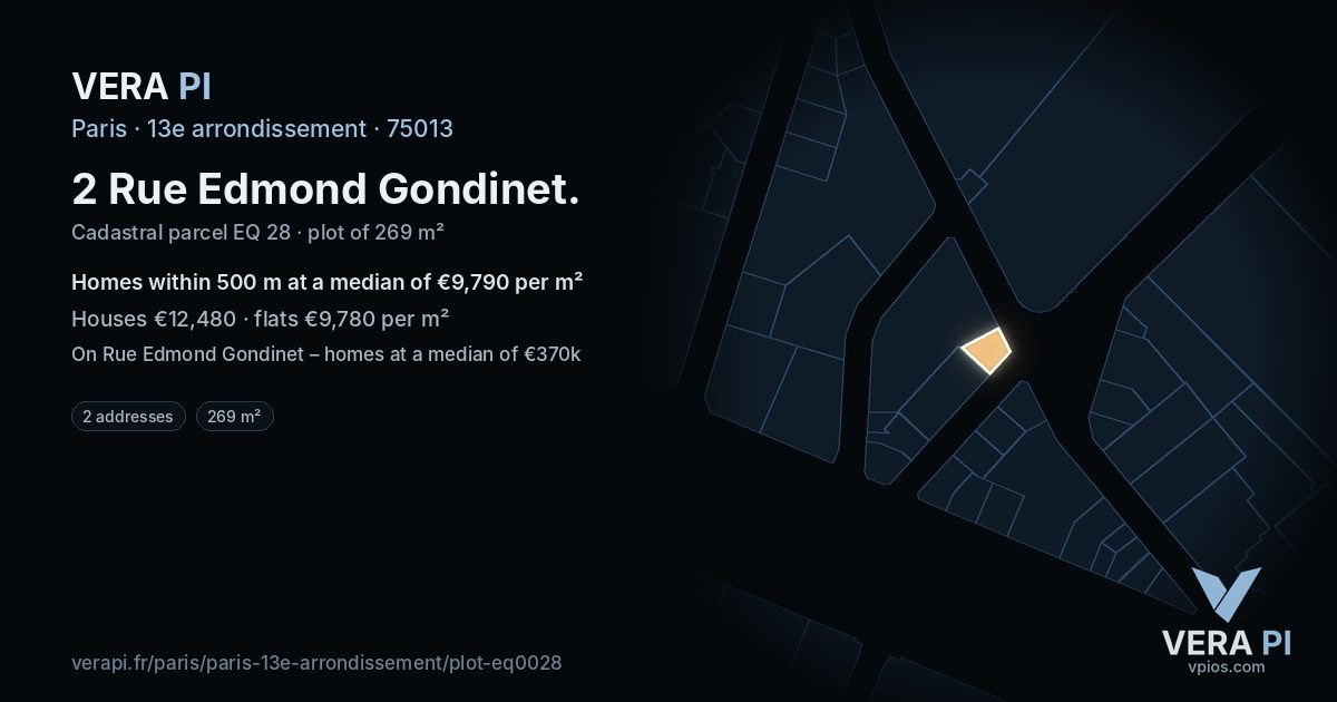 2 Rue Edmond Gondinet, 13e arrondissement at night – the plot lit, the parcels around coloured by the prices near them