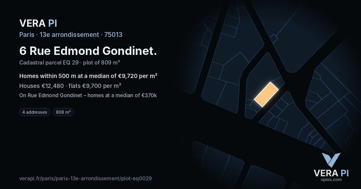 6 Rue Edmond Gondinet, 13e arrondissement at night – the plot lit, the parcels around coloured by the prices near them