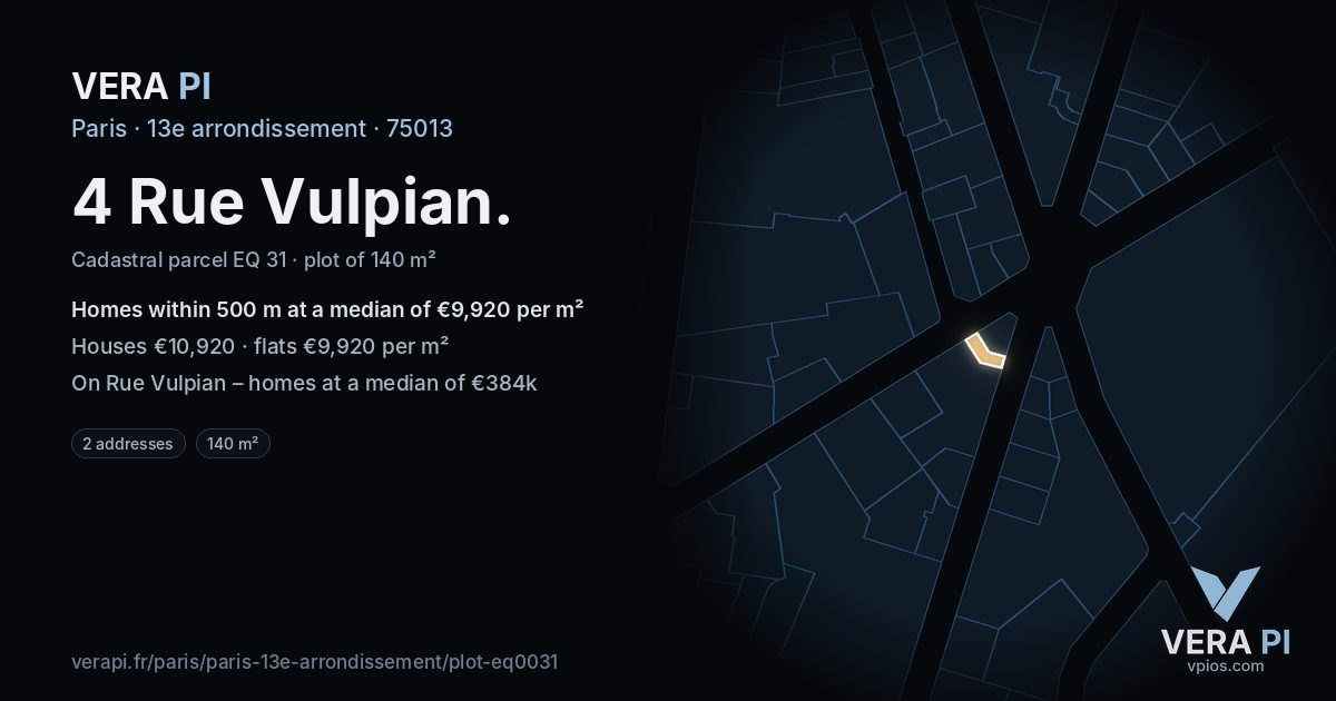 4 Rue Vulpian, 13e arrondissement at night – the plot lit, the parcels around coloured by the prices near them