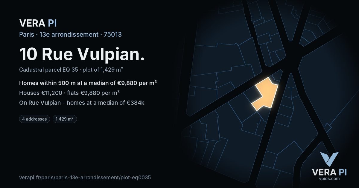 10 Rue Vulpian, 13e arrondissement at night – the plot lit, the parcels around coloured by the prices near them