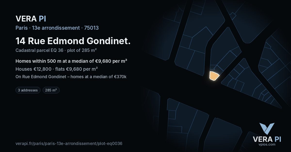 14 Rue Edmond Gondinet, 13e arrondissement at night – the plot lit, the parcels around coloured by the prices near them