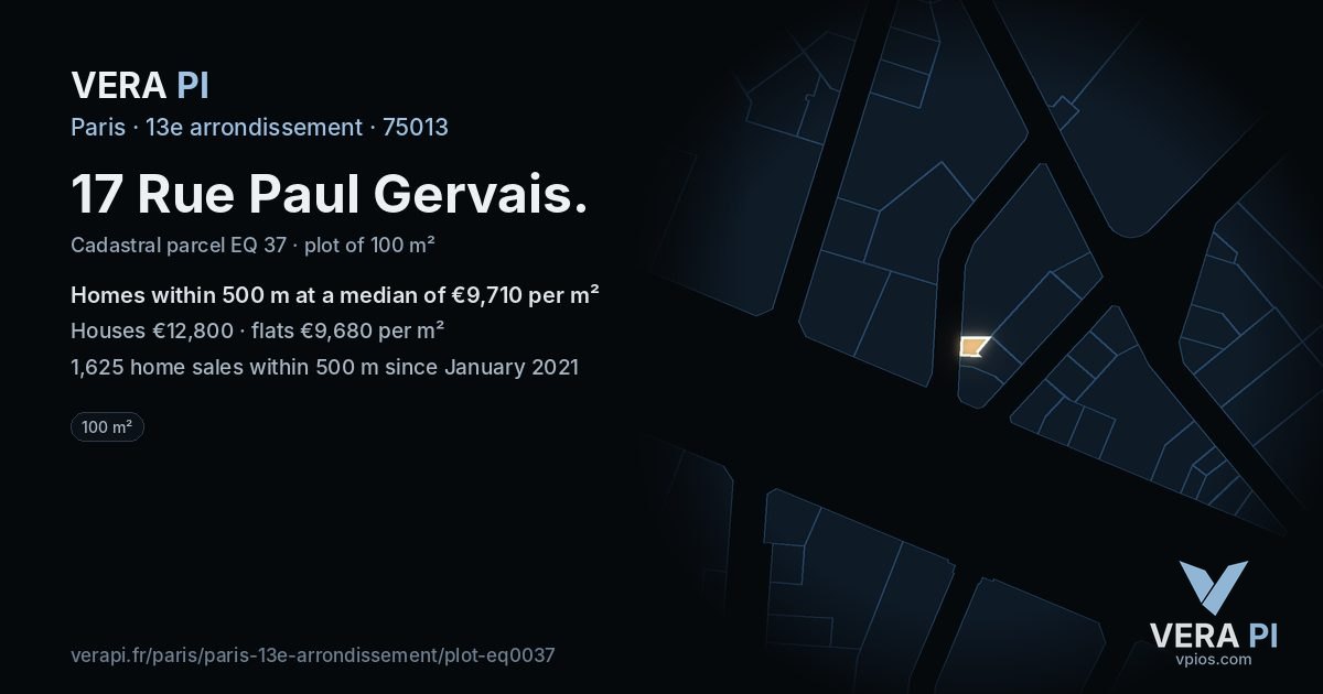 17 Rue Paul Gervais, 13e arrondissement at night – the plot lit, the parcels around coloured by the prices near them