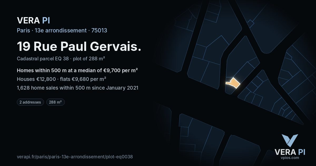 19 Rue Paul Gervais, 13e arrondissement at night – the plot lit, the parcels around coloured by the prices near them