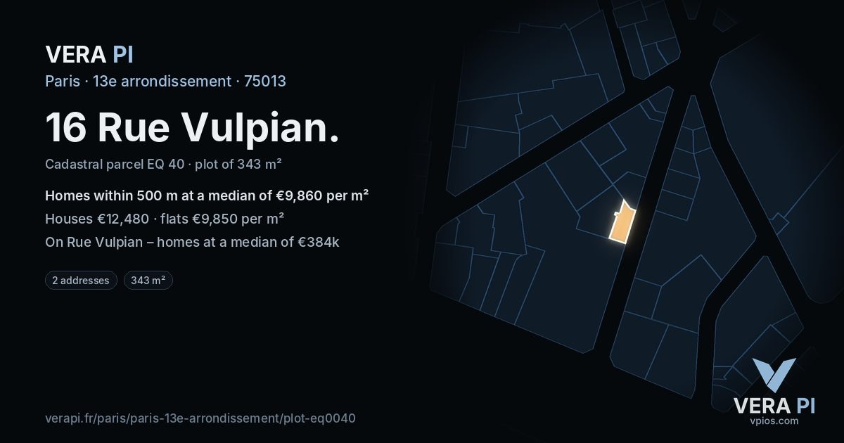 16 Rue Vulpian, 13e arrondissement at night – the plot lit, the parcels around coloured by the prices near them